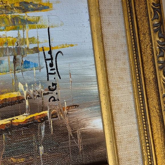 Vintage P.G. Tiele Oil on Canvas Painting - Nautical Boats in Harbor - Picture 2 of 9